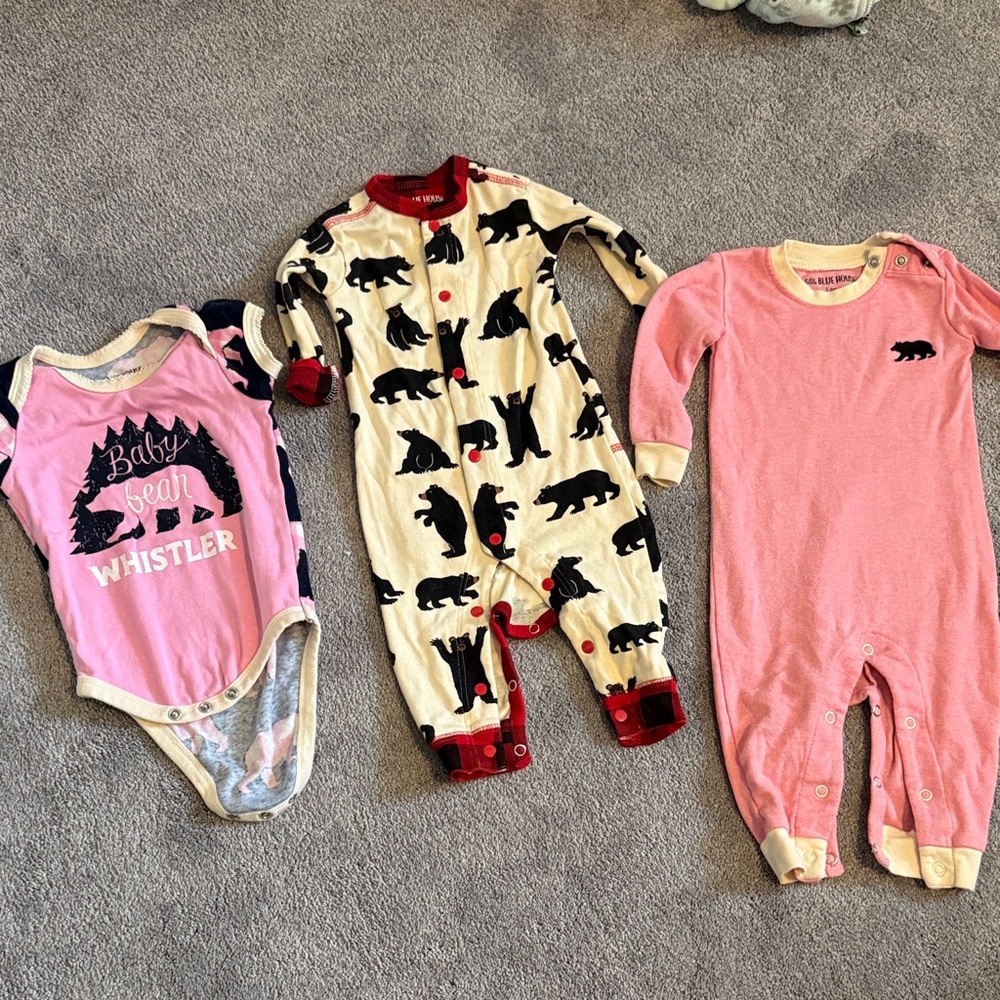 Little Blue house Pink and Cream Bear Print Kids One Piece Set